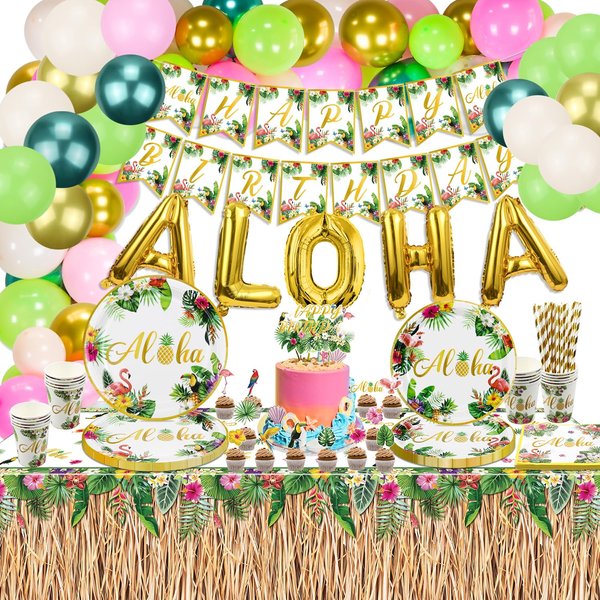 Luau Party Decorations, Hawaiian Birthday Party Decorations Aloha Party Supplies with Plates, Grass Skirt Tablecloth, Napkins, Cups, Cake Toppers, Balloon Arch Decorations for Summer Beach Party