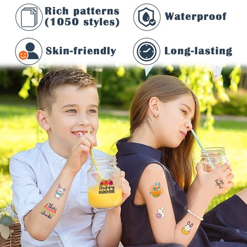 Partywind 1050 Styles (112 PCS) Easter Temporary Tattoos for Kids Basket Stuffers, Easter Boys Girls Party Supplies Favors, Easter Egg Hunt Games Prizes Goodie Bag Fillers for Toddlers Toys