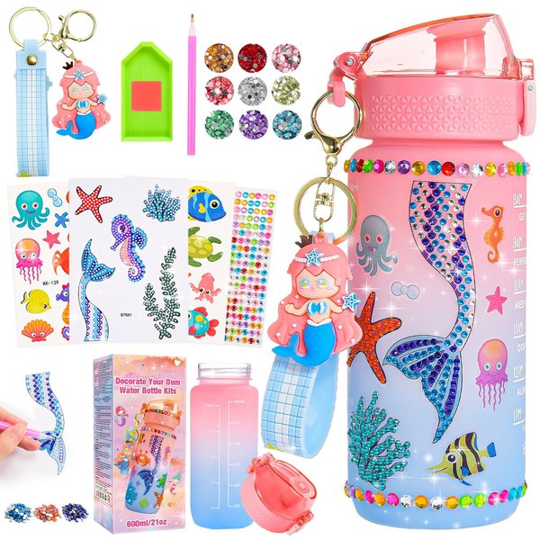 ZapWhiz Art & Craft Activity - Mermaid Water Bottle with Tattoo Stickers & Cute Keychain,Diamond Art Kits for Kids Craft Paint Kits,Fun Arts and Crafts Toy Gifts for Girls(Mermaid)