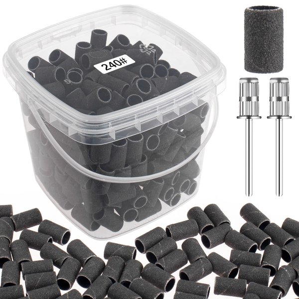 Rolybag Sanding Bands for Nail Drill 240 Grit Extreme Fine Nail Sanding Bands 200Pcs Black Professional Sanding Bands and 2Pcs Nail Drill Bits for Manicures and Pedicure
