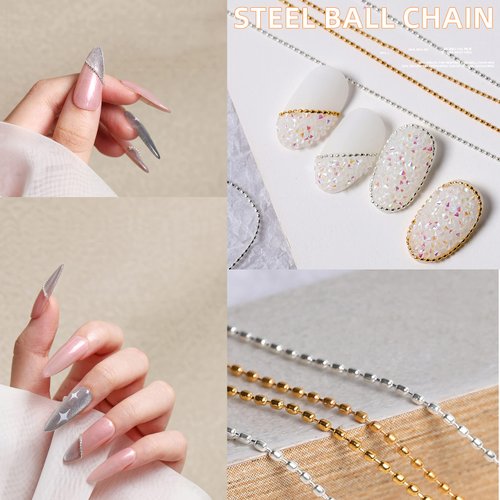 2024 Style Silver Gold 3D Rhinestone Decorations Steel Ball Chain Nail Accessories Nail Chain Rose Pixie Stone Beads Decorations Accessory Metal Steel Ball Chain Nail Art Jewelry (Gold)