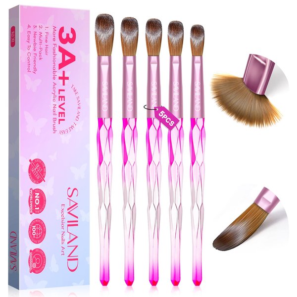 SAVILAND 5pcs Acrylic Nail Brush Set - Size 4/8/10/14/16 Professional Acrylic Nail Brush for Acrylic Application Acrylic Nails Extension & Carving for Nail Salon Home DIY