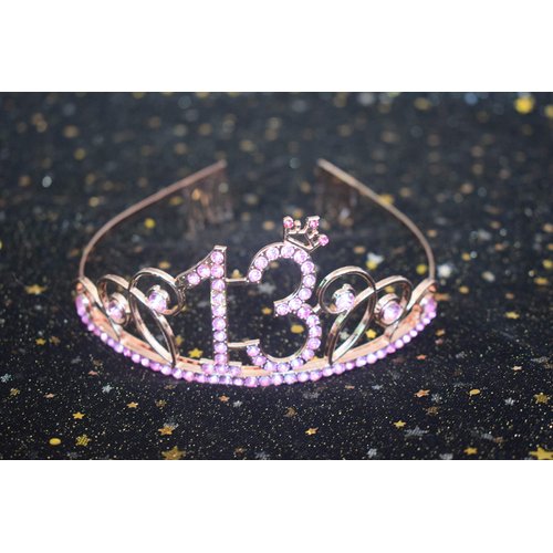 13th Birthday Pink Tiara and Pink Sash Happy 13th Birthday Party Supplies Birthday Girl Glitter Satin Sash and Crystal Tiara Princess Birthday Crown for Girls 13th Birthday Party Decorations Favors