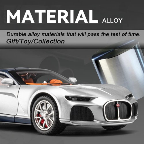 Addcean Model Car 1/24 Bugatti Toy Car, Atlantic Alloy Die Cast Cars Model Car for Kids Birthday Christmas Party Gift, Pull Back Toy Cars with Sound and Light (Silver-Blue)