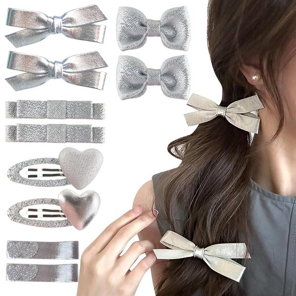 5 Pairs Silver Bow Cute Hair Clips Heart Bow Heart Hair Clip Cloth Leather Heart Hair Barrettes Bow Barrettes Hair Bow Clips Barrette Hair Bow Clip Hair Bows for Women Girls Bow Heart Hair Accessories