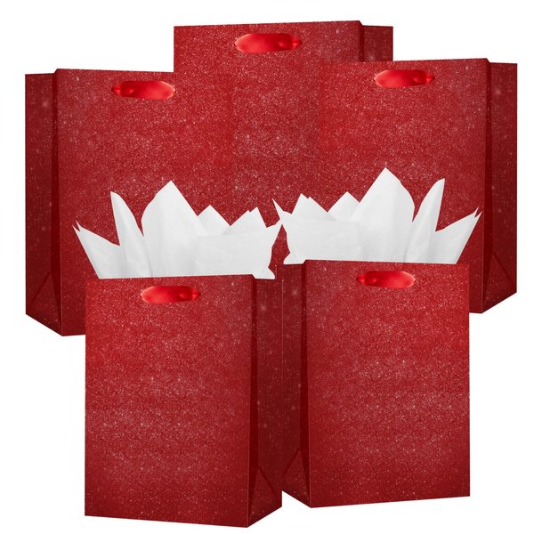 UNIQOOO 12Pcs Embossed Ruby Red Glitter Christmas Gift Bags with 24 Tissue Paper Bulk, M 9x7 Inch, Valentines Day Gift Wrap Bag, Wedding Bridal Shower Favor Bag Gift Packaging, Holiday Birthday Party