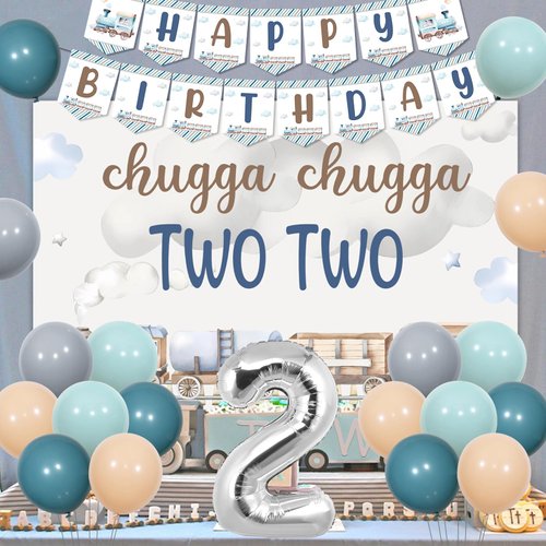 kreat4joy Chugga Chugga Two Two Birthday Party Decorations, 2nd Train Birthday Decorations, Retro Blue Balloons Backdrop Banner Cupcake Cake Toppers Number 2 Foil Balloon for 2 Year Old Birthday Party