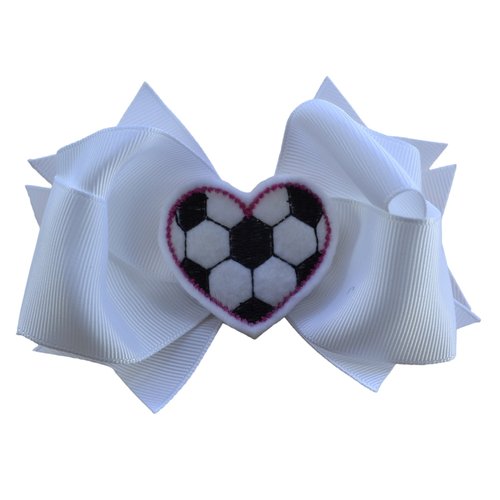 Girls Sports 4.5 Inch Hair Bow with Embroidered Heart Appliqué by Funny Girl Designs (White Soccer)