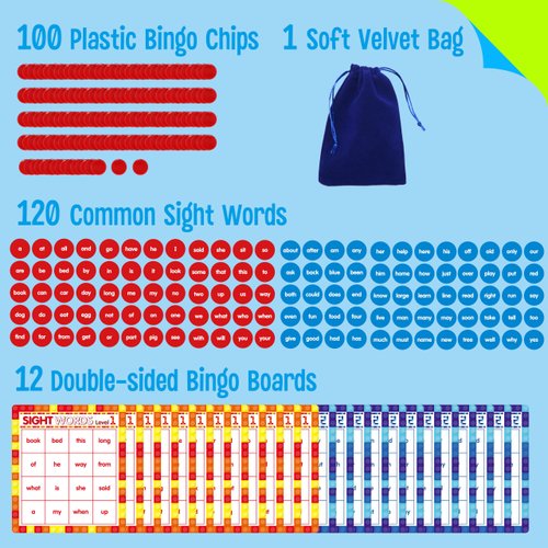 Sight Word Bingo Game, 120 Sight Words Learn to Read Level 1 & Level 2 Bingo Board Game Dolch's & Fry's Words Lists for Kindergarten and Preschool Kids 4-8, Perfect for Classroom & at Home