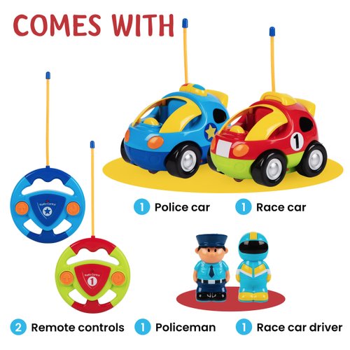 PREXTEX 2 Pack Cartoon Remote Control Cars - Police Car and Race Car for Toddlers - RC Cars for Kids with Different Frequencies - Easy Remote Control Toy for Boys and Girls - Toddler Gifts 18+ Months