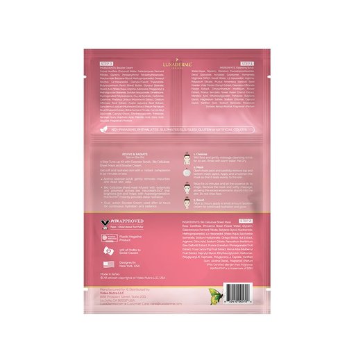 LuxaDerme Revive & Radiate 3 Step Tune-Up Kit - Cleansing Scrub, Bio Cellulose Sheet Mask, Booster Cream (Pack of 5)