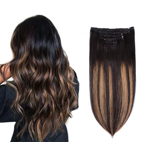 5 Pieces 16" Remy Clip in Hair Extensions Human Hair Natural Black to Chestnut Brown Highlight Black Ombre - Silky Straight Short Thick Real Hair Extensions for Women (16 inches, (1BT6) P1B, 80grams)