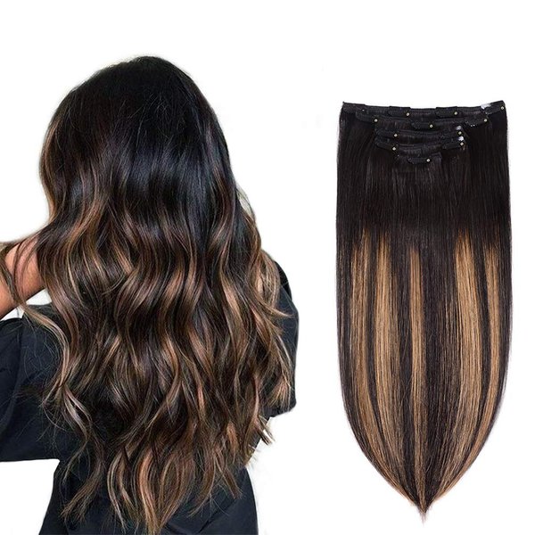 5 Pieces 16" Remy Clip in Hair Extensions Human Hair Natural Black to Chestnut Brown Highlight Black Ombre - Silky Straight Short Thick Real Hair Extensions for Women (16 inches, (1BT6) P1B, 80grams)