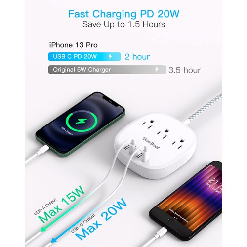 20W USB C Power Strip, 3 Outlet 4 USB Ports Flat Plug Power Strip No Surge Protector for Cruise Ship Travel, 5 ft Long Extension Cords, Desktop Power Strip for Dorm Home Office