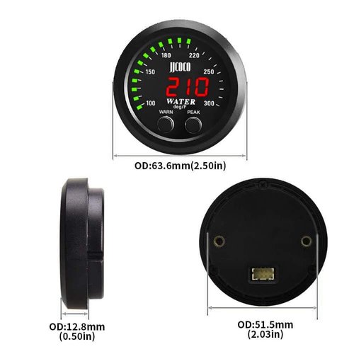 ZHSYMX Universal 52mm Water Temperature Gauge with Alarm and 1/8 Npt Sensor Car Digital Meter Red Display Green Ambient Light Temp 100-300F(38-150C)