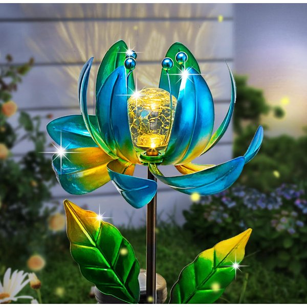 Solar Yard Lights Wind Spinners- Metal Lotus Flower Garden Decor LED Crackle Glass Globe Yard Art Sculpture Solar Stake Lights for Patio Pathway Lawn Walkway