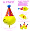 Unique 4D Happy Emoticons With Hat Balloons Smile Face Helium Balloons, 6 Pack Cute Cartoons Movie Character Smile with Party Hat Foil Mylar Balloons For Kids Birthday Decoration Party Supplies