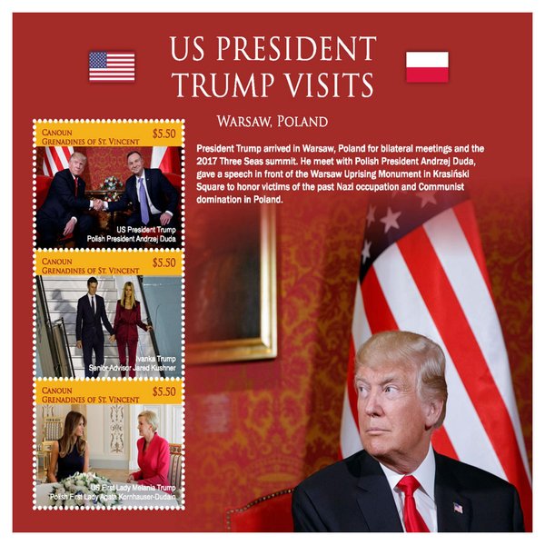 Imperial Mint Canouan U.S. President Trump Visits Poland Sheetlet | Marine Life, United States Presidents & Presidents Collectible Mail & Postage Stamps from 2018 | Famous Postal Stamp & Mailing Gift