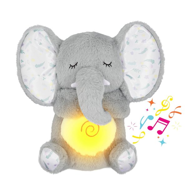 Breathing Stuffed Animal, Soothe Snuggle Elephant Plush, Sleeping Plush for Kids Toy Birthday Gift with Sensory Details Musical Lights and Rhythmic Breathing Sleep Companion (Grey)