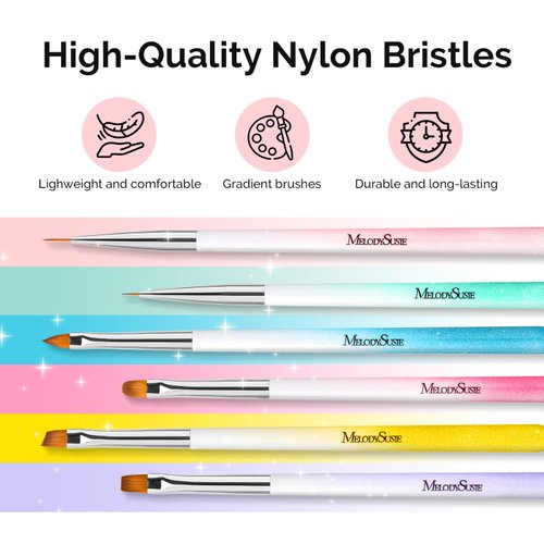 MelodySusie Nail Art Brushes Set,6pcs Professional Pen Nail Gel Brush,Nail Extension and Builder Brush,Liner Brush 2 Sizes,Gradient Fashion Design for Home DIY Salon Use