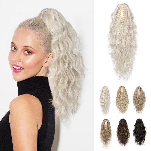 REECHO 14" Ponytail Extension, Claw Clip Ponytail Extension Fake Pony Tails Soft Wavy Multi Layered Clip in Hair Extensions Synthetic Hairpiece for Women HP002 - Platinum Blonde