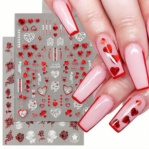 Valentines Day Nail Art Stickers Decals, Love Heart Nail Decorations, 3D Self-Adhesive Laser Red White Hearts Roses Lips Nail Supplies, Valentines Nail Accessories for Women Girls 8 Sheets