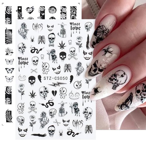 8 Sheets Halloween Nail Art Stickers Self-Adhesive 3D Gothic Nail Stickers Green Monster Skull Snake Rose Flower Design Nail Charm Scream Ghost Nail Decals for Women DIY Halloween Nail Art Decorations