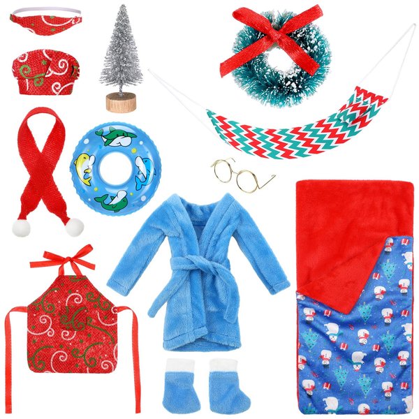 12 Pcs Christmas Elf Doll Accessories Set Include Elf Sleeping Bag Scarf Mask Bathrobe Shoes Hammock Apron Chef Hat Glasses Christmas Tree Xmas Wreath Swim Ring Fit for Elf Dolls, Doll Is Not Included