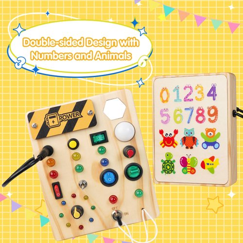Sabdrau Montessori Busy Board Toys: Wooden Sensory Toy for Toddler with LED Light Up Switch, Educational/Christmas/Birthday Gifts for 1-3 Year Old Boys & Girls