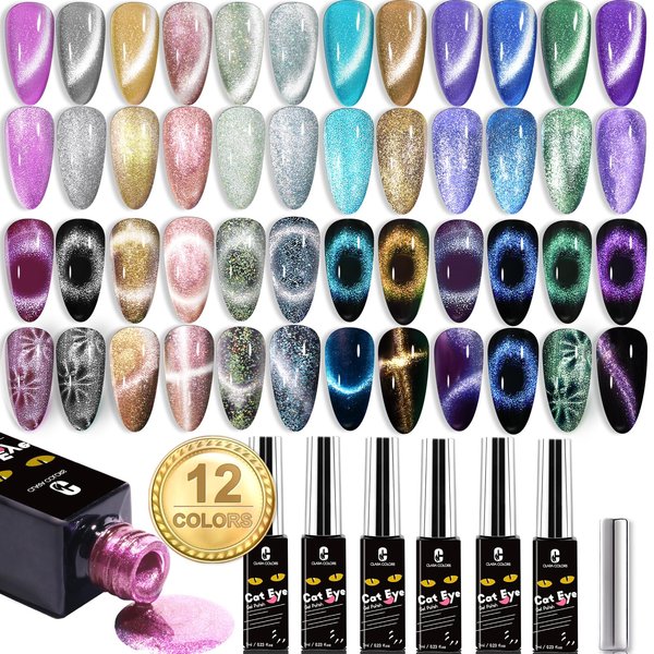 Clara Colors Cat Eye Gel Nail Polish, 12 Colors Holographic Glitter Cat Eye Gel Nail Polish Set with Magnet Romantic Galaxy Series Cat Eye Gel Polish Set Long Lasting Soak Off UV LED