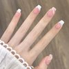 Press on Nails Square Medium French Tips 24Pcs Glossy Full Cover Artificial Pearl Fake Nails with Line Designs Reusable Coffin Acrylic False Nails Glue Stick on Fingernails with Charm for Women