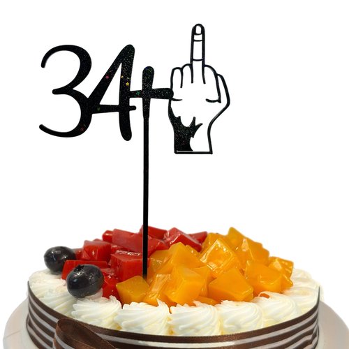 Funny 35th Birthday Cake Topper – 34+ Middle Finger Design, Hilarious Birthday Decoration, Sparkly, Built-In Stick, Thick & Sturdy, Mess-Free & Reusable Cake Topper (35, Black)