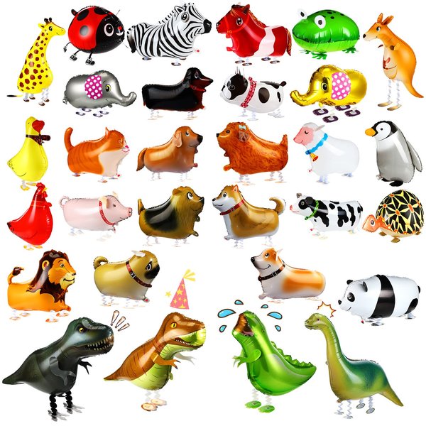30 Pcs Walking Animal Balloons Dog Dinosaur Cow Balloons Farm Animal Balloons Animal Theme Birthday Party Decor for Kids' Party Supplies (Vivid Style)