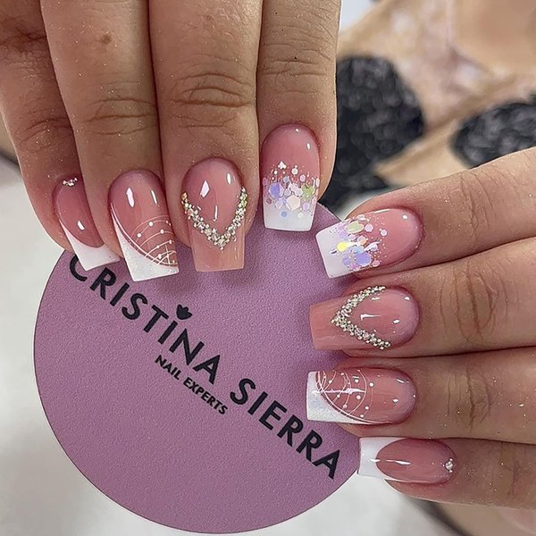 24Pcs Medium Long French Tip Press on Nails Nude Pink Rhinestones Fake Nails Glitter Design Full Cover Artificial Nails Stick on Nails Nail Art Supplies for Women Girls DIY Acrylic Nail Decorations