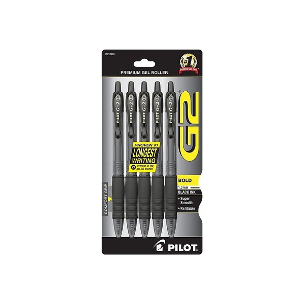 PILOT, G2 Premium Gel Roller Pens, Bold Point 1 mm, Pack of 5, Black