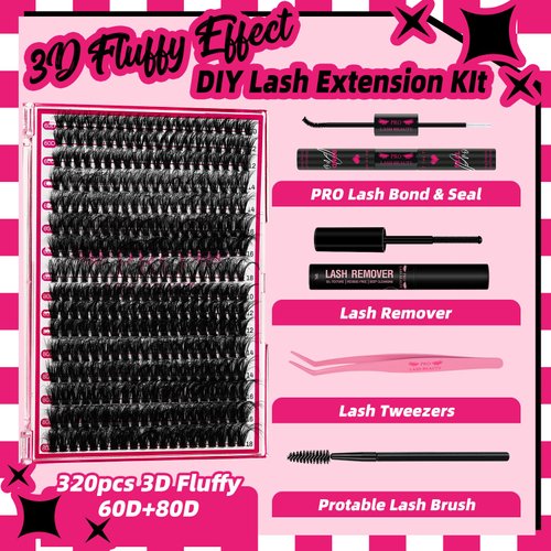 Lash Extension Kit Lash Clusters Kit 320 Pcs 3D Soft Individual Lashes with Lash Bond and Seal Lash Tweezers Eyelash Remover DIY Eyelash Extension(60D+80D,D-10-18mix Kit)