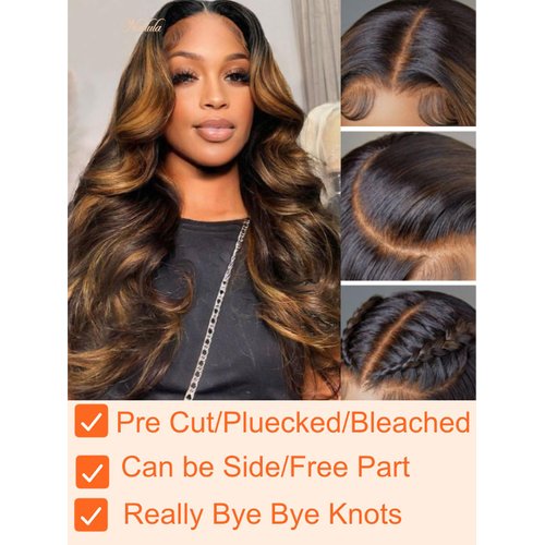 Nadula Bye Bye Knots Glueless Pre Everyting Wig Balayage Brown Body Wave 7x5 Pre Cut HD Lace Front Wigs Human Hair Pre Plucked Bleached Knots Ready to Go Highlight Ombre Wig 150% Density 16inch
