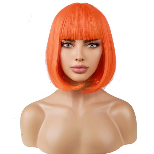 MAGQOO Orange Wig Orange Bob Wig with Bangs 12 Inches Short Straight Neon Orange Hair Wigs Synthetic Cosplay Party Wig with Wig Cap