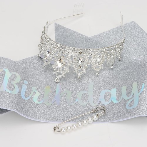 BAHABY Birthday Crown for Women It's My Birthday Sash & Rhinestone Tiara Set Princess Birthday Sash and Tiara for Women Birthday Decorations (Silver)