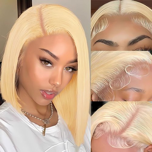 Gemlong Blonde Bob Wig Human Hair 613 Lace Front Bob Wigs Human Hair 13x4 HD Transparent Lace Front Wigs Human Hair Pre Plucked With Baby Hair Glueless Short Straight Bob Wigs for Black Women 10 Inch