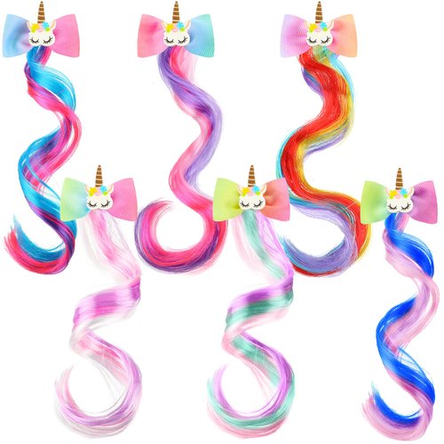 6 Colors Unicorn Wig Hair Clips Bows for Girls Hair Braided Extension Colored Hair Bows Braided Curly Wig Hair Extension for Kids Princess Costume Dress up Hair Accessory (Charming Style)