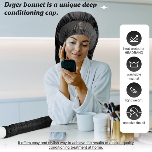 Bonnet Hair Dryer Attachment - Bonnet Hood Dryer with Headband that Reduces Heat Around Ears and Neck, Use for Hair Styling, Hair Drying, Curling and Deep Conditioning (Extended Version, Black)