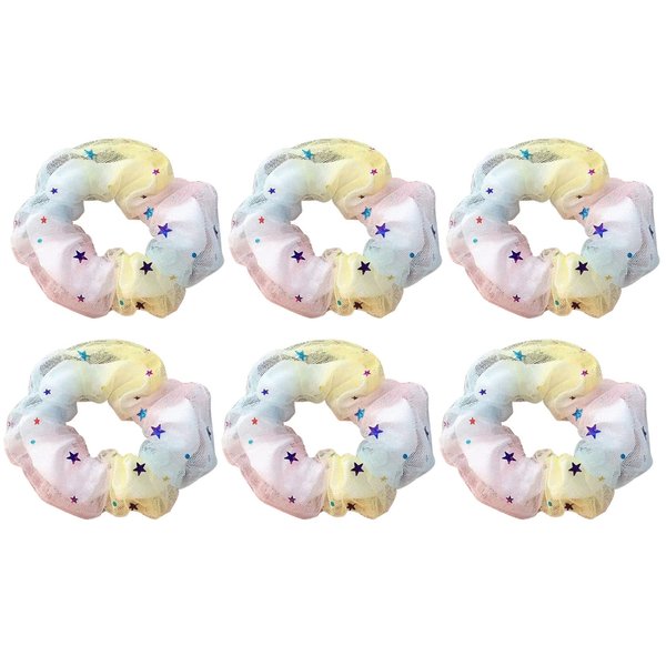 6 Pcs Rainbow Hologram Metallic Double Layer Stars Hair Scrunchies Grenadine Hair Bobbles Elastics Ponytail Holders Hair Wrist Ties Bands Scrunchies for Show Gym Dance Party Club Girl Students (Pink