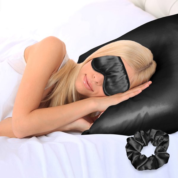 Ciana Luxurious Satin Pillowcase for Hair and Skin, Satin Pillowcase Set-2, 1 Eye Mask, 1 Scrunchie - Luxury Sleep Set, Pillow Case with Envelope Closure (Queen Size, Black)