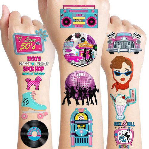 85 PCS 50s Temporary Tattoos Sticker 50s Birthday Party Decorations Favors Supplies Gifts Boys Girls Men Women, Sock Hop, Rock and Roll, 1950s, Vintage, Retro Cute Tattoo School Prizes Themed