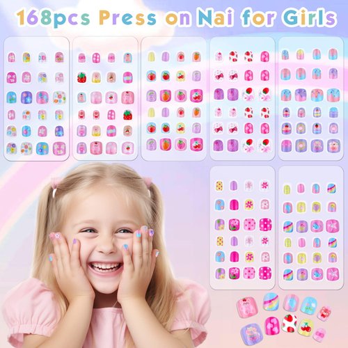 168Pcs Kids Press on Nails for Little Girls, Shynek Children Square Fake Nails for Kids Pre Glue Stickers Nails Full Cover Short Acrylic Nails Set Gifts for Girls Nail Art Decoration