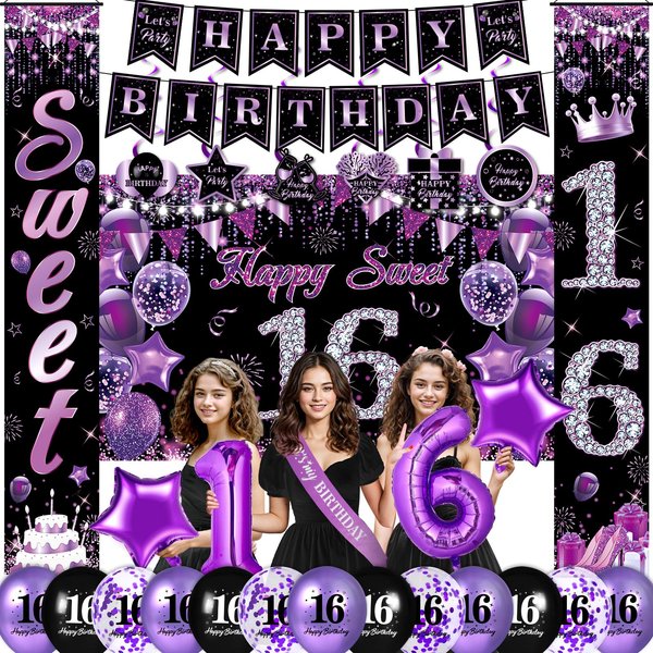 Purple Sweet 16 Birthday Decorations for Girls Purple Black 16th Birthday Banner Hanging Swirls Sweet 16 Porch Banner Backdrop Purple 16th Birthday Balloons Sash for Sweet Sixteen Birthday Party