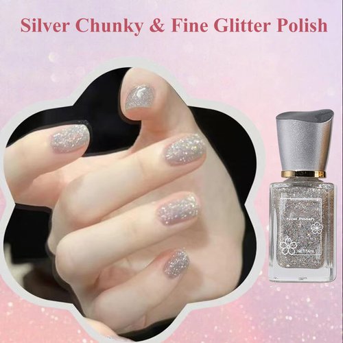Clear Glitter Nail Polish, Air Fast Dry Chunky Glitter Nail Polish, Silver Shimmer Gel Nail Polish, Sparkle Clear Nail Polish with Glitter for Women Girls, Silver Glitter Top Coat Gel Polish, 14ML