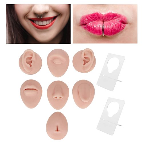Soft Silicone Flexible Model Body Part, Silicone Nose Tongue Mouth Eye Navel Ear Model Fake Ear with 2 Base for Piercing Practice Acupuncture and Jewelry Display Teaching Tool (Medium Fleshcolor)