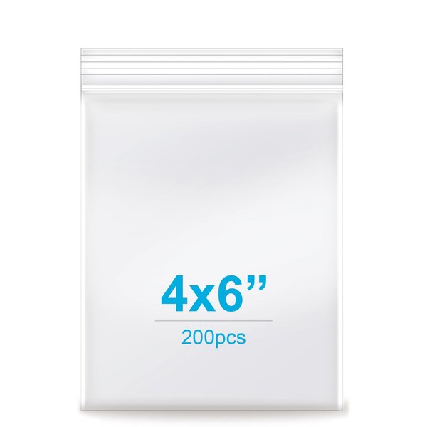 4''x 6'', (Pack of 200) 2 mil Clear Plastic Reclosable Zip Poly Bags with Resealable Lock Seal Zipper for Photo, Jewelry, Bakery, Treats, Treats, Travel, Storage, Packaging & Shipping